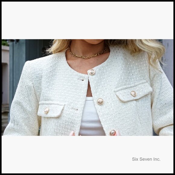 Tweed Blazer Cropped Collarless Button Down Long Sleeve with Pockets - Picture 6 of 6